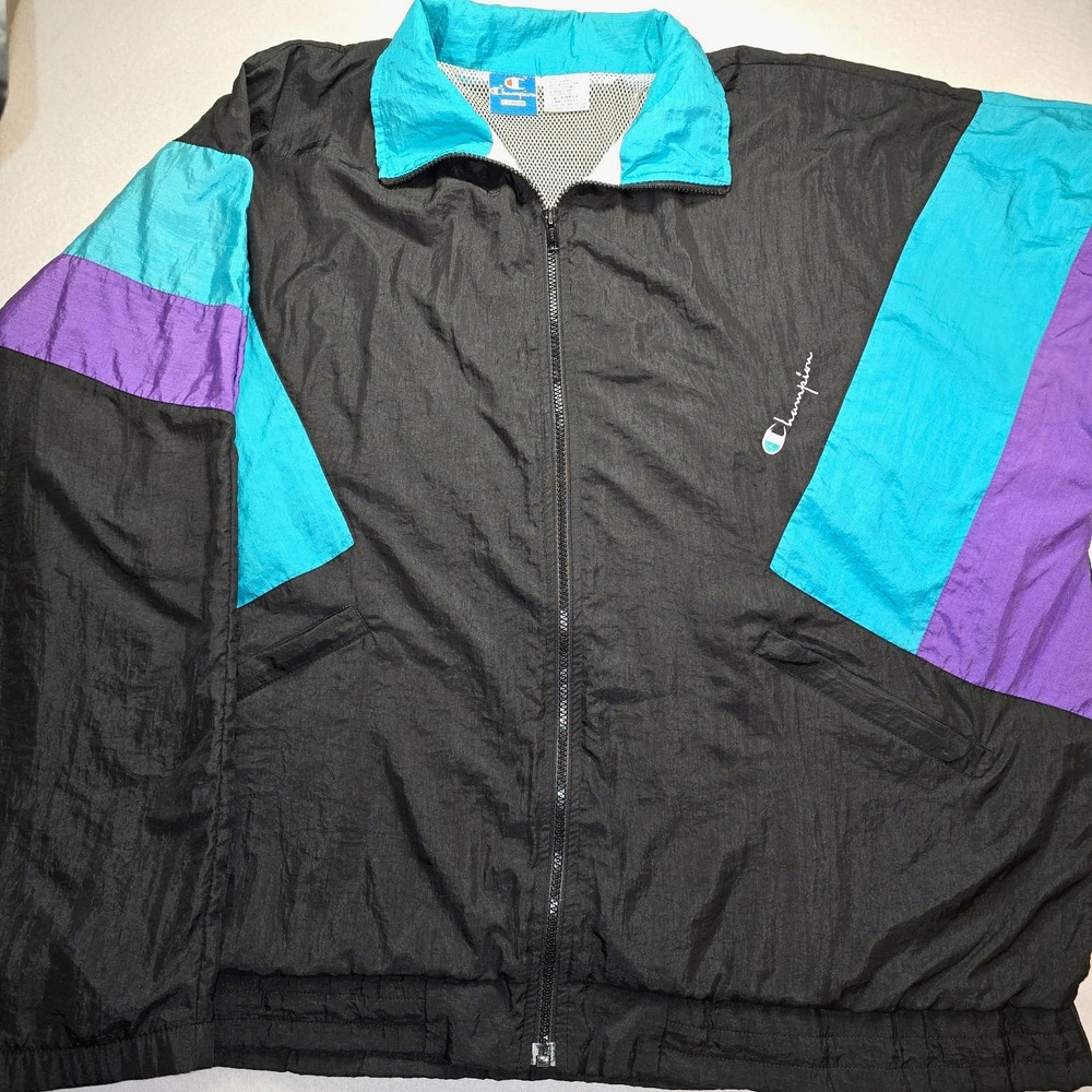 VTG 90s Champion Colorblock Windbreaker Jacket XL Black Teal Purple Retro Tech..